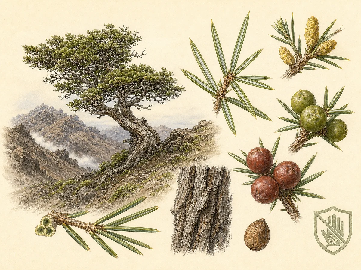 Prancha botânica de Juniperus cedrus da Madeira com árvore retorcida de altitude, folhas aciculares em verticilos, cones masculinos e gálbulos