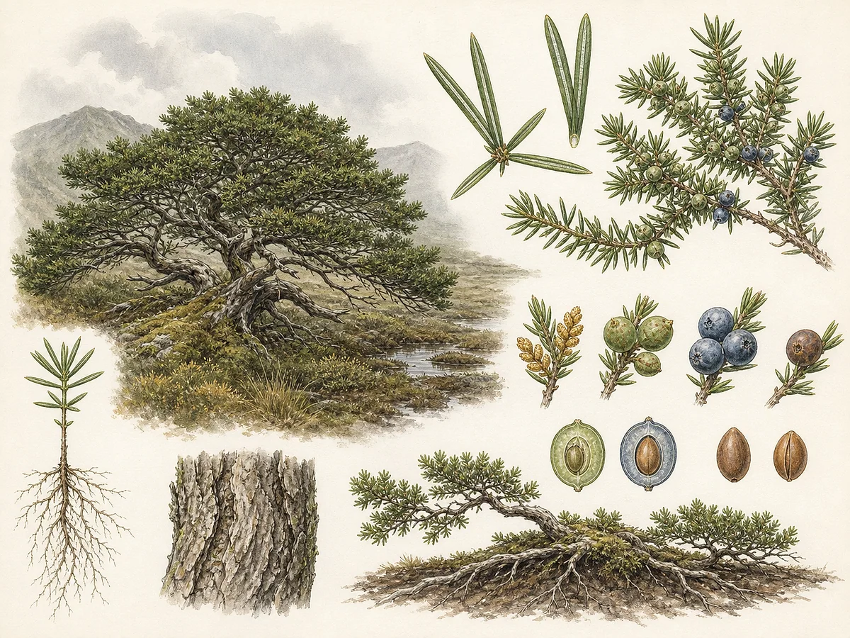 Prancha botânica de Juniperus brevifolia com pequena árvore de copa larga e tronco retorcido, folhas aciculares em verticilos com duas bandas brancas e gálbulos