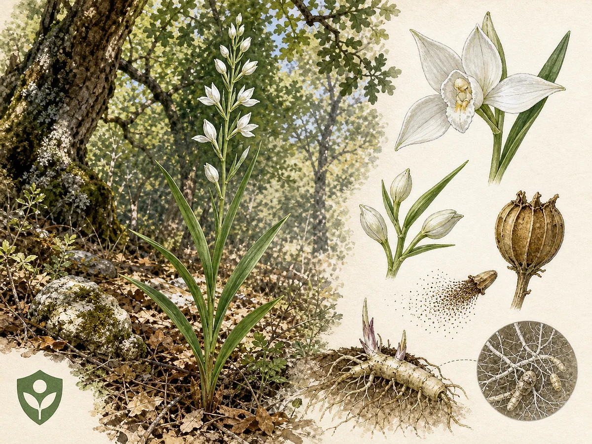 Prancha botânica de Cephalanthera longifolia com haste ereta, folhas longas lanceoladas em duas filas, flores brancas parcialmente abertas, cápsulas e raízes micorrizadas