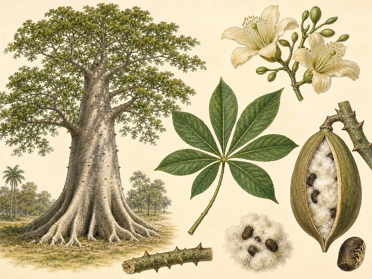 Prancha botânica de Ceiba pentandra com árvore monumental de raízes tabulares, folhas palmadas, flores creme, cápsula aberta, fibra e sementes