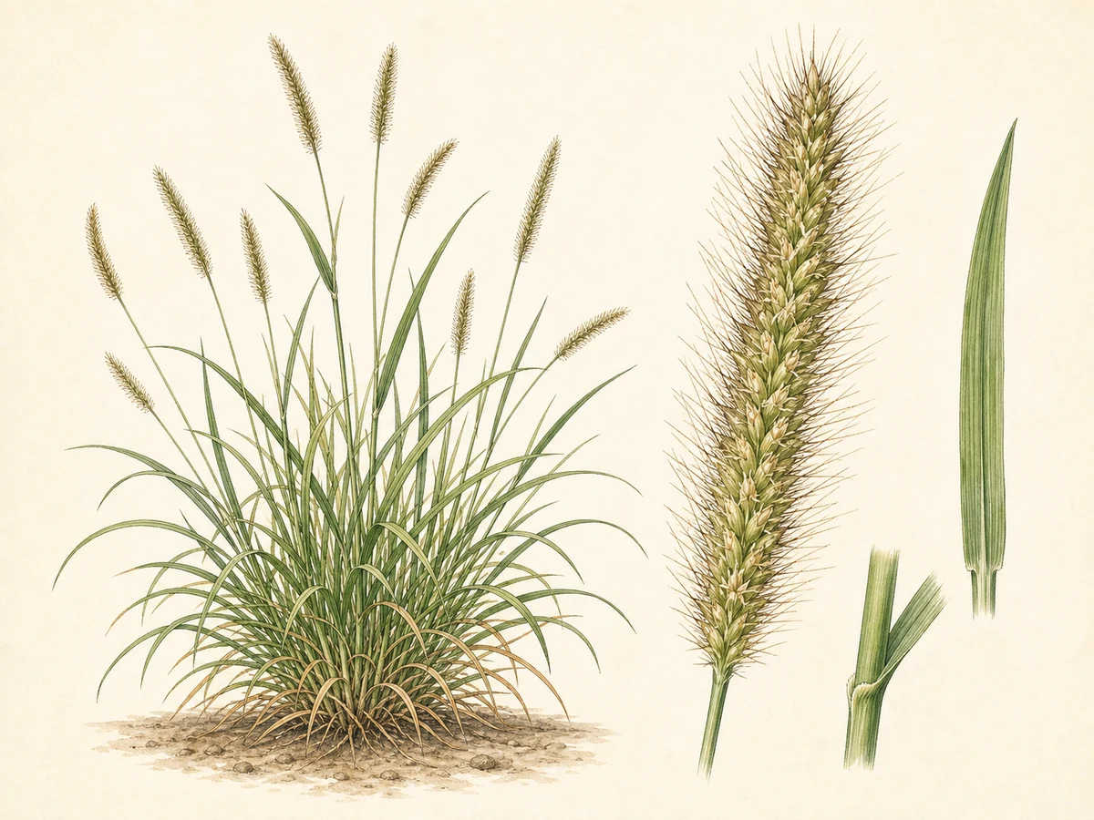 Prancha ilustrada de Cenchrus ciliaris com touceira de folhas estreitas, colmos floridos e panículas cilíndricas de espiguetas envolvidas por cerdas