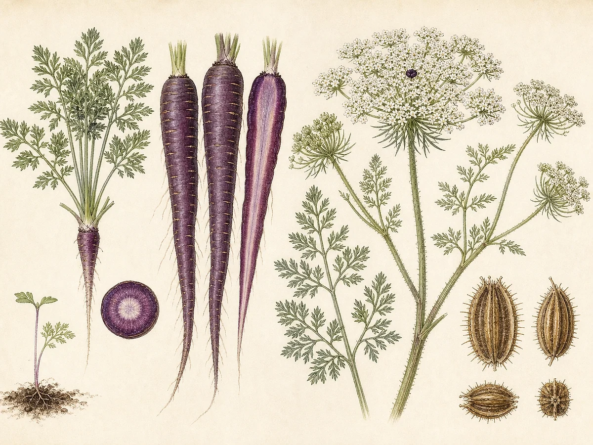 Prancha botânica da cenoura Pau Roxo das Seis Marias com roseta finamente dividida, raiz longa roxa, corte transversal, umbela branca e sementes