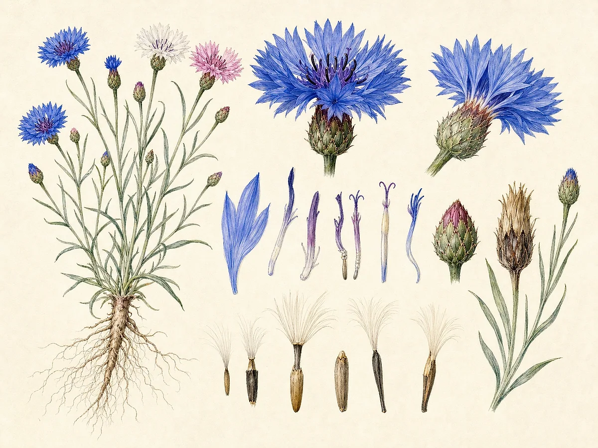 Ilustração botânica de centáurea-azul com folhas estreitas cinzentas, capítulos azuis, brácteas franjadas, aquénios com papilho e raiz