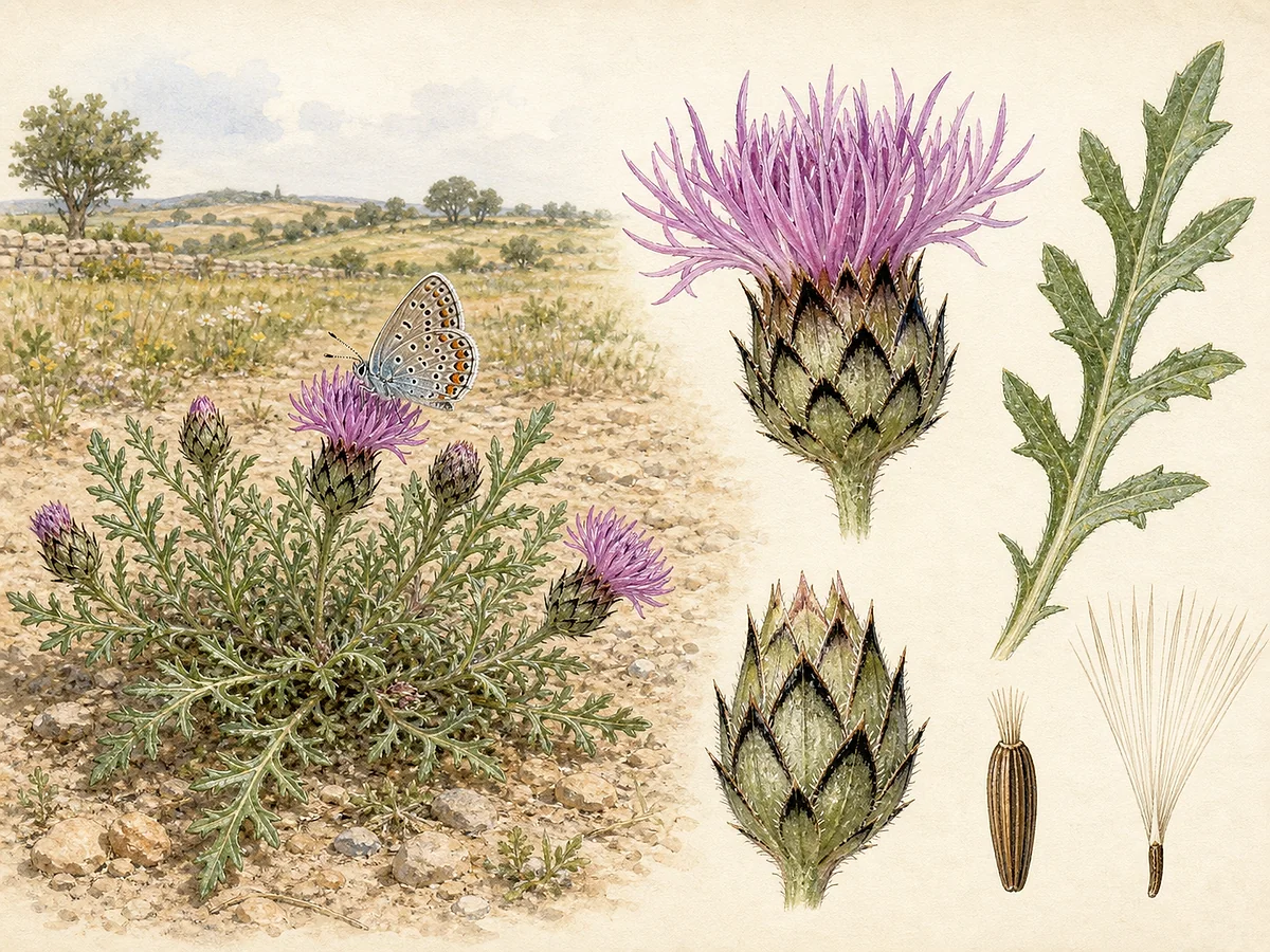 Prancha botânica de Centaurea pullata com anual baixa, folhas recortadas, capítulos rosa-púrpura e invólucros com brácteas de rebordo negro até à base