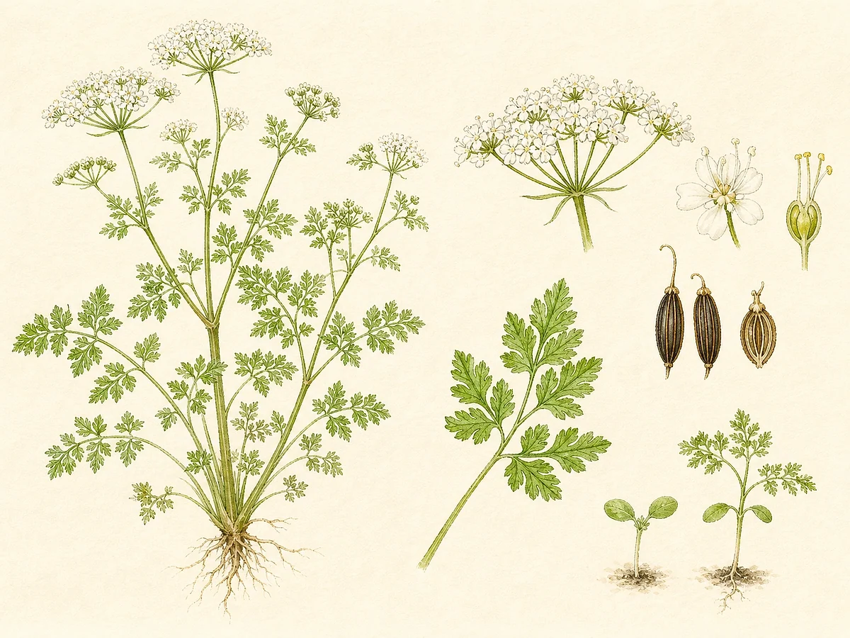 Prancha botânica de Anthriscus cerefolium com folhas finamente divididas, pequenas umbelas brancas, frutos estreitos alongados e plântula