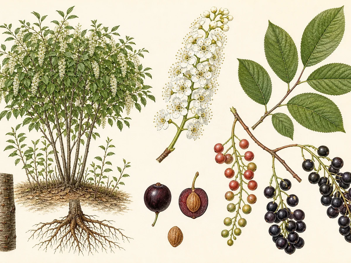 Prancha botânica de Prunus virginiana com pequena árvore caducifólia, folhas serradas, racemos de flores brancas, drupas vermelho-escuras e caroços