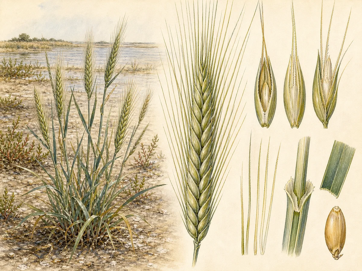 Prancha botânica de Hordeum marinum subsp. marinum com pequena cevada anual glauca, folhas estreitas, espiga densa aristada e trio de espiguetas ampliado