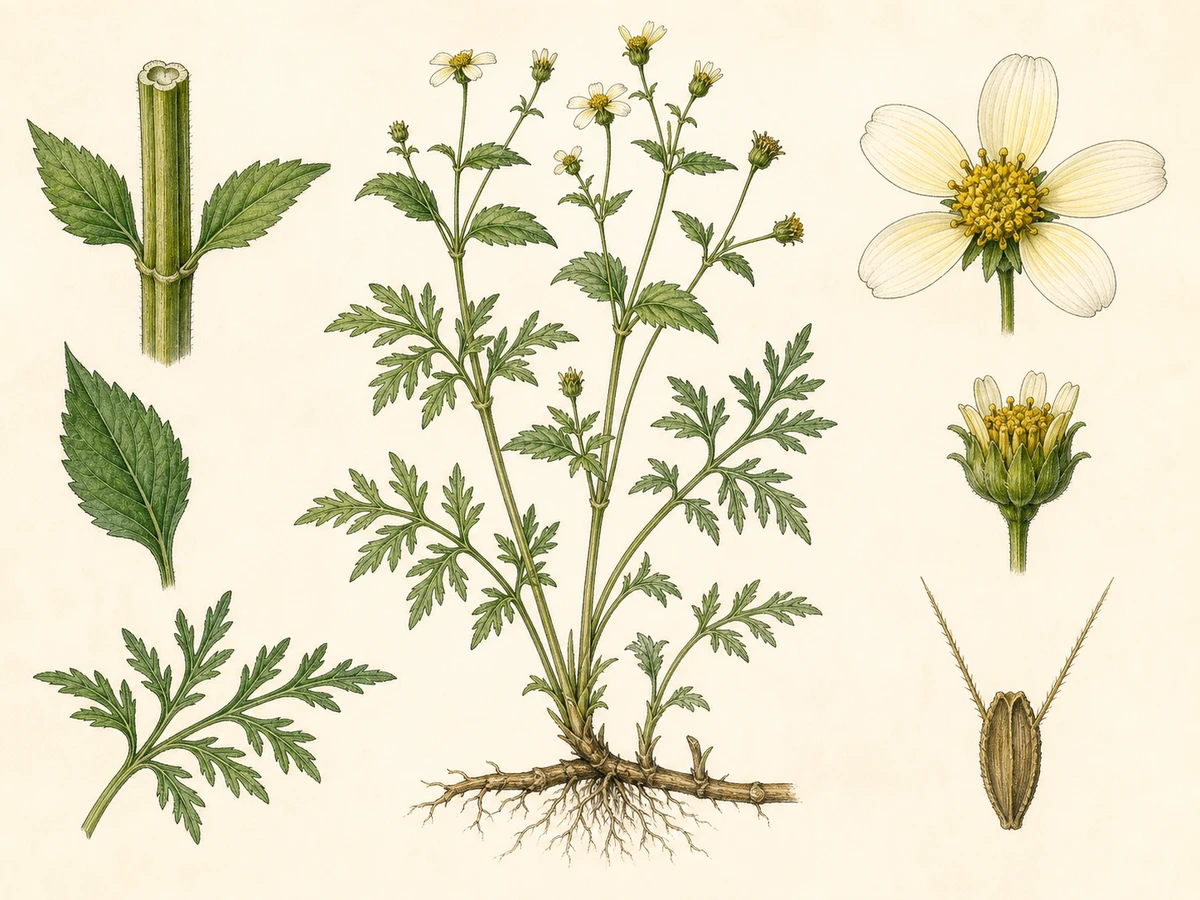 Prancha ilustrada de Bidens aurea com caule tetragonal, folhas superiores simples, folhas inferiores divididas, capítulos grandes de lígulas claras e cipselas de duas aristas