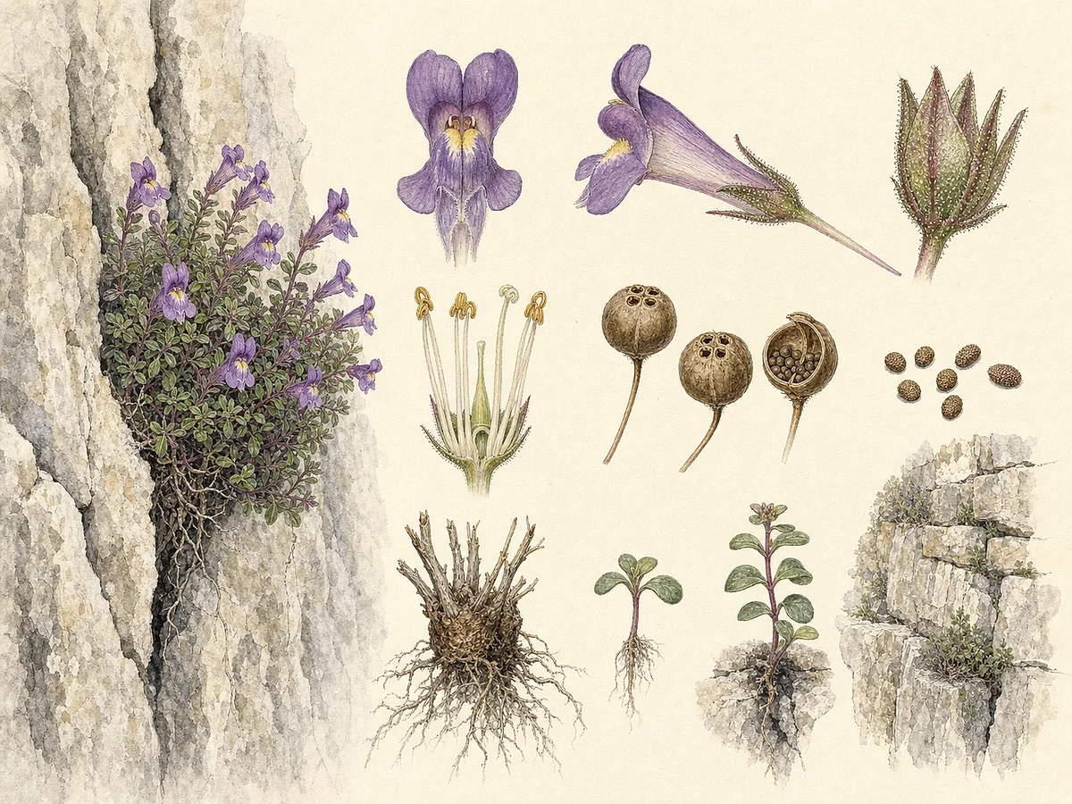 Prancha botânica de Chaenorhinum origanifolium com almofada de folhas pequenas, flores violeta bilabiadas com esporão e cápsulas