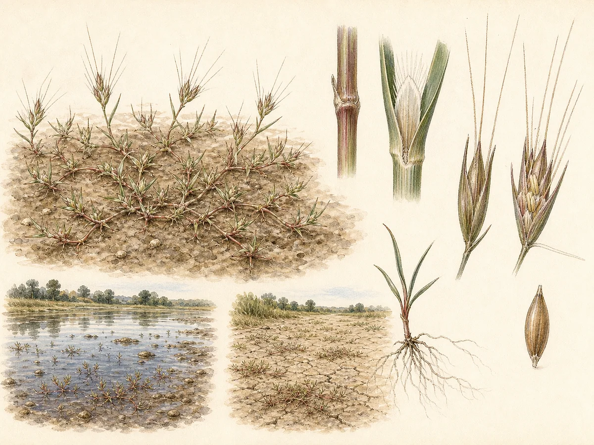 Prancha botânica de Chaetopogon fasciculatus subsp. prostratus com tapete anual avermelhado, folhas finas e espiguetas de longas aristas