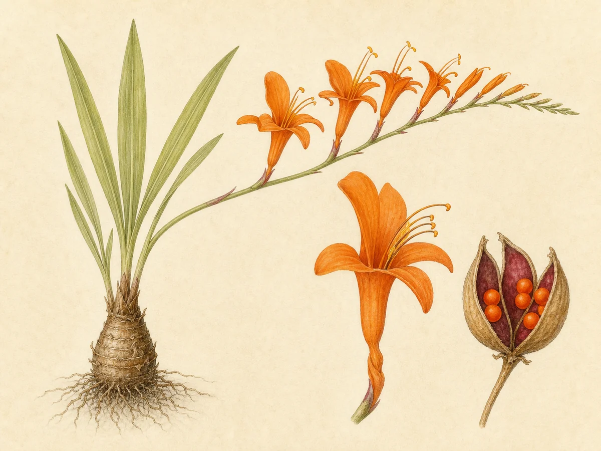 Prancha ilustrada de Chasmanthe aethiopica com geófita baixa, cormo, folhas lanceoladas de nervura marcada, haste inclinada, duas filas superiores de flores tubulosas laranja e cápsula com sementes alaranjadas