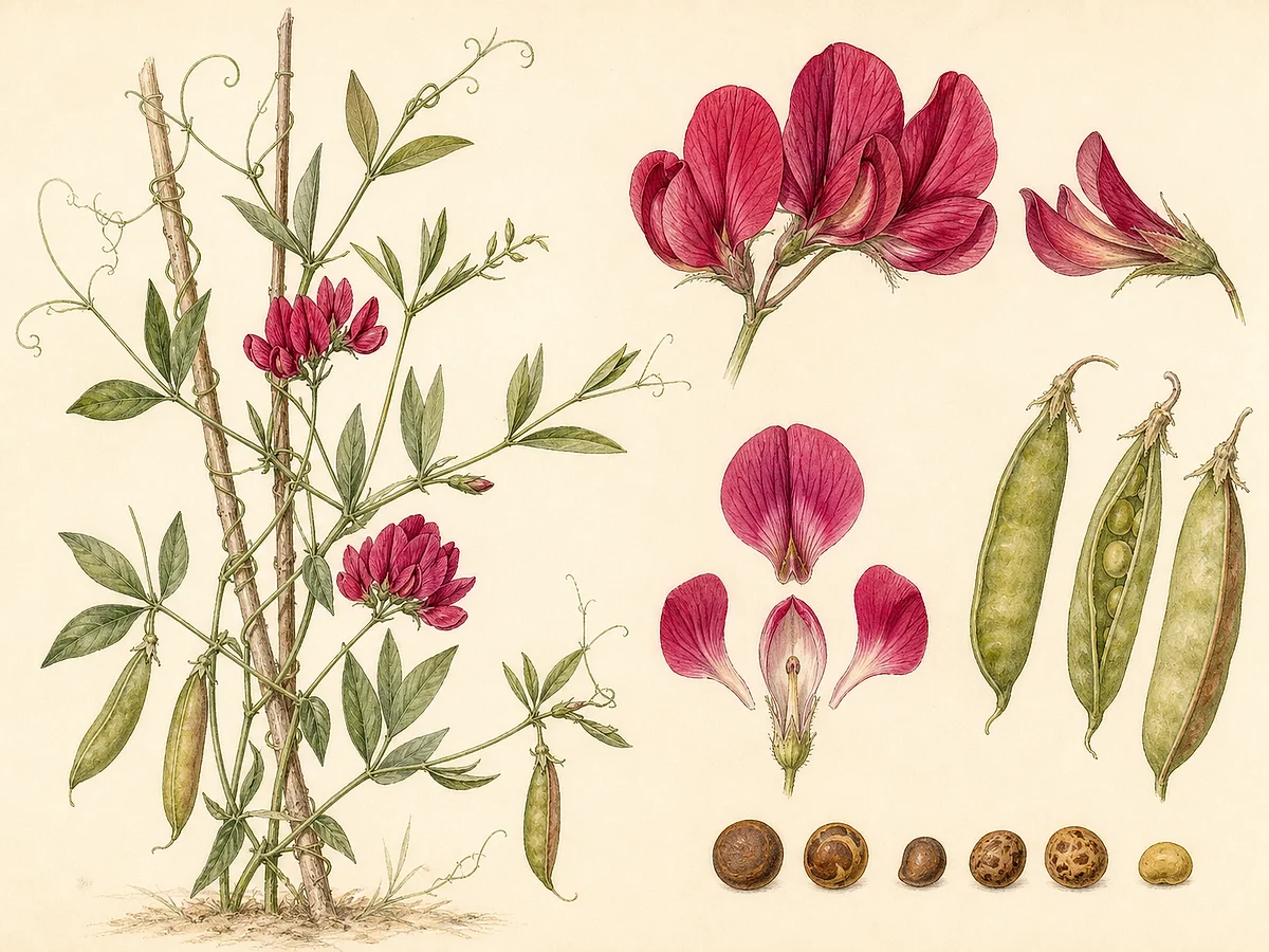 Prancha botânica documental de Lathyrus tingitanus, trepadeira introduzida registada no arquipélago da Madeira