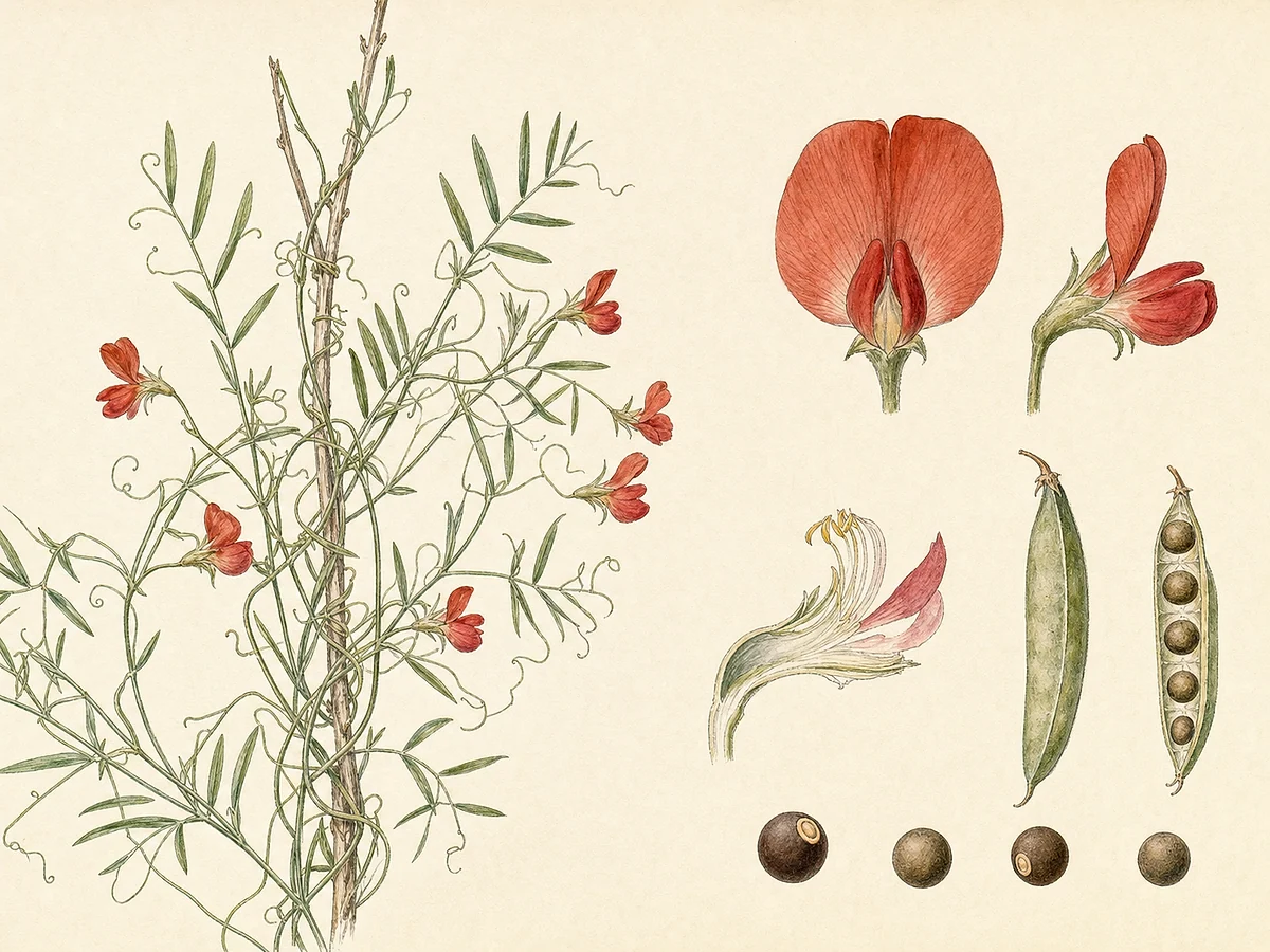 Prancha botânica documental de Lathyrus sphaericus, trepadeira autóctone registada no arquipélago da Madeira