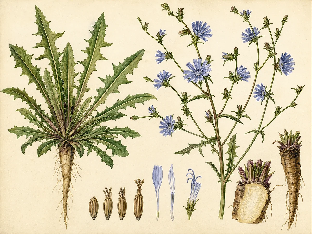 Ilustração botânica de chicória com roseta verde, cabeça alongada tipo pão-de-açúcar, radicchio vermelho, raiz carnuda, flores azuis e aquénios