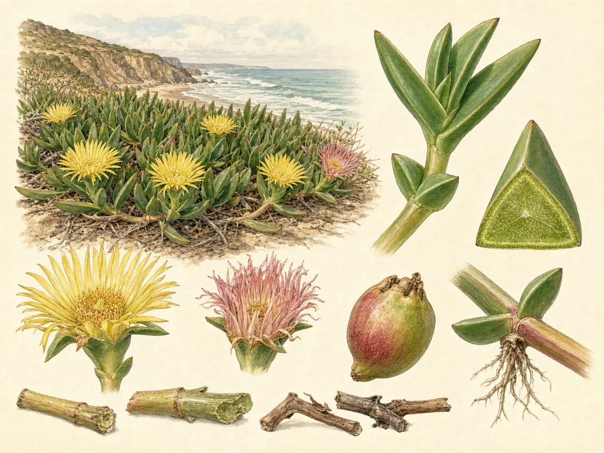 Prancha de Carpobrotus edulis com tapete costeiro, folhas suculentas triangulares, flores amarela e rosada, fruto e nó enraizado