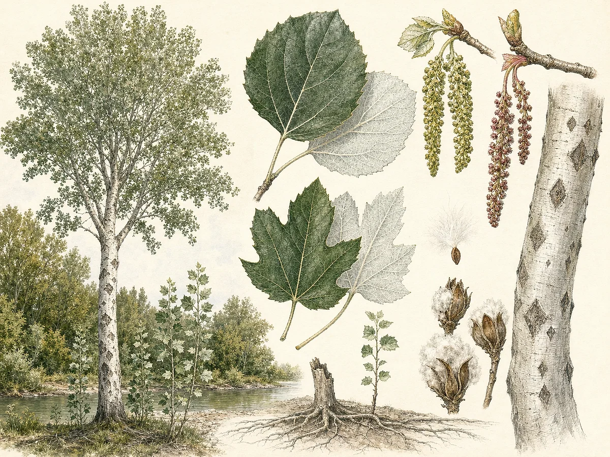 Prancha botânica de Populus alba com árvore de casca clara, folhas adultas verdes e brancas por baixo, folha juvenil lobada, amentilhos e rebentos de raiz