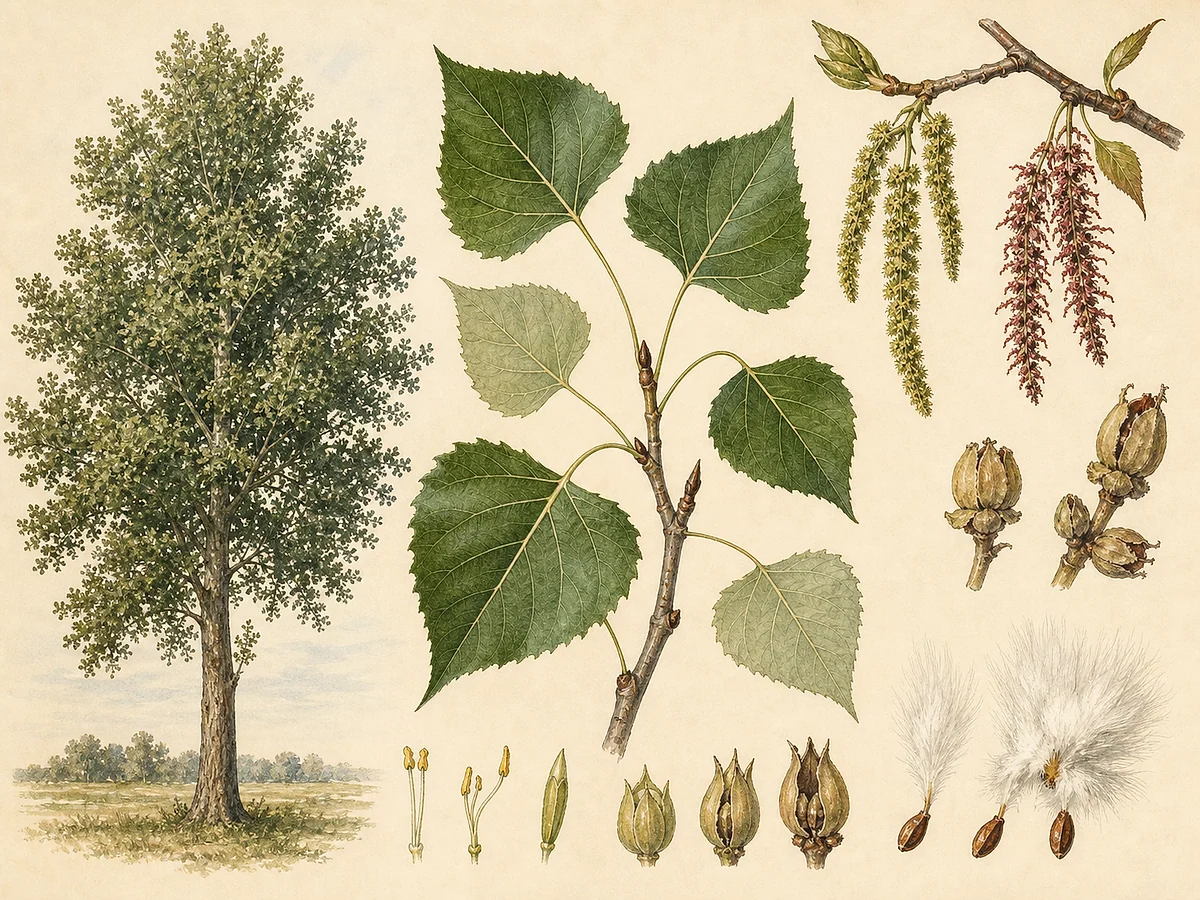 Prancha botânica de Populus deltoides com árvore caducifólia, folhas triangulares, amentilhos, cápsulas e sementes com penacho
