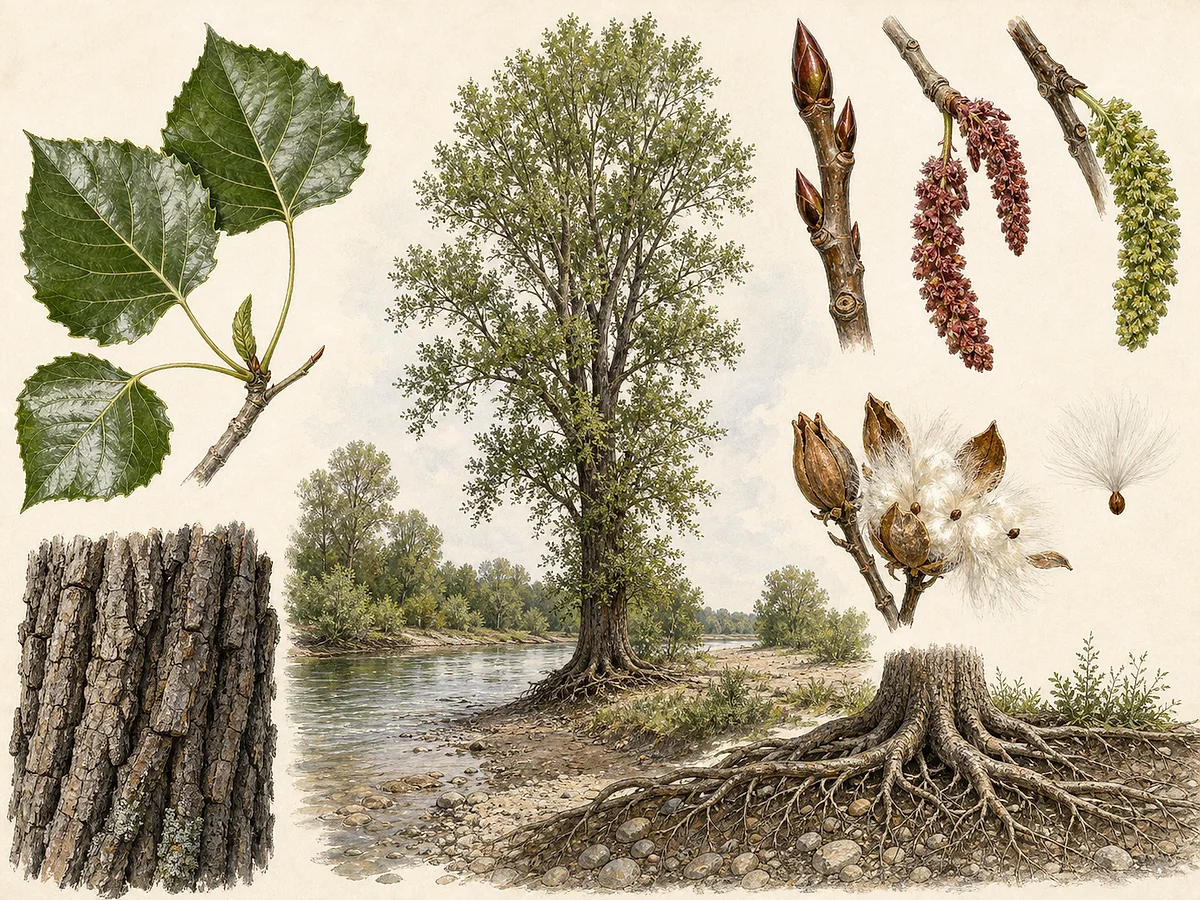 Prancha botânica de Populus nigra var. nigra com árvore alta de casca fissurada, folhas triangulares serradas, amentilhos, cápsulas e rebentos basais