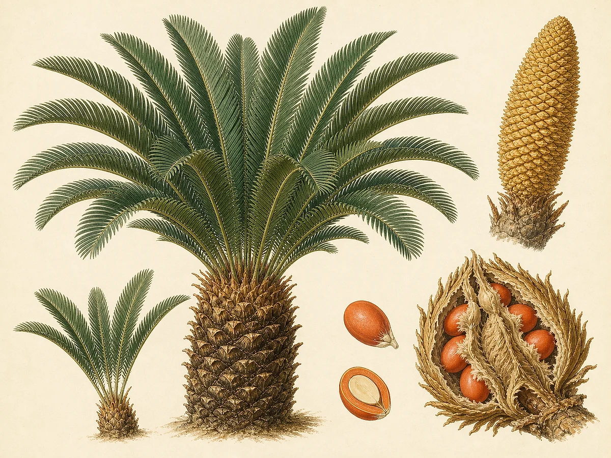 Prancha botânica de Cycas revoluta com tronco curto revestido por bases foliares, coroa de frondes rígidas pinadas, cone masculino e estrutura feminina com sementes