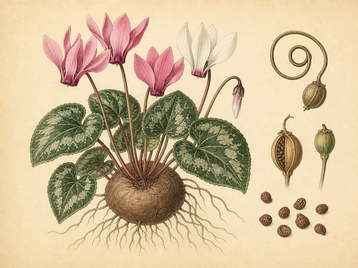 Prancha botânica de Cyclamen persicum com tubérculo, folhas cordiformes marmoreadas, flores rosadas de pétalas reflexas, cápsula e sementes