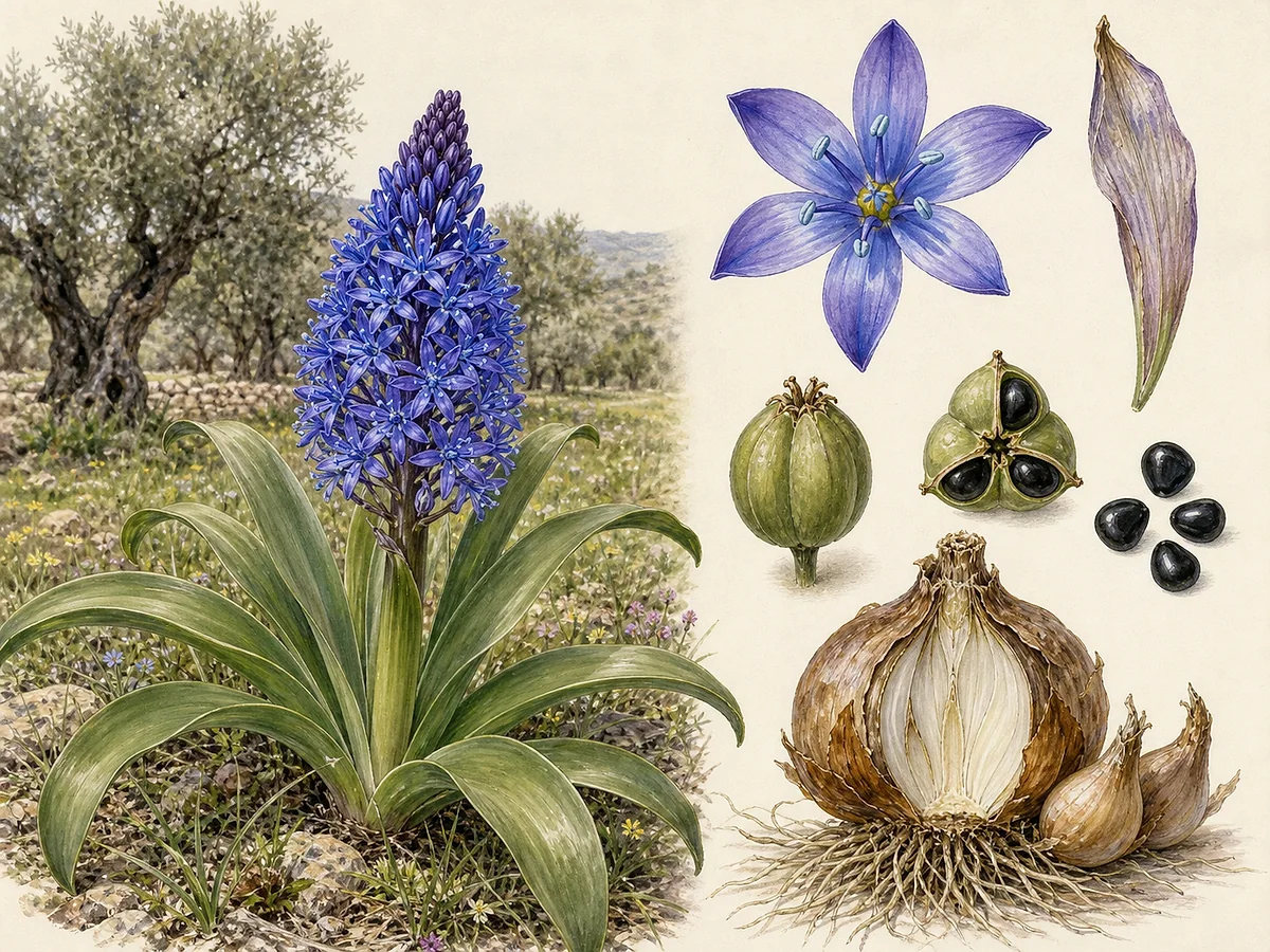 Prancha botânica de Scilla peruviana com roseta de folhas largas, inflorescência cónica densa de flores azul-violeta estreladas, cápsulas, sementes e bolbo tunicado
