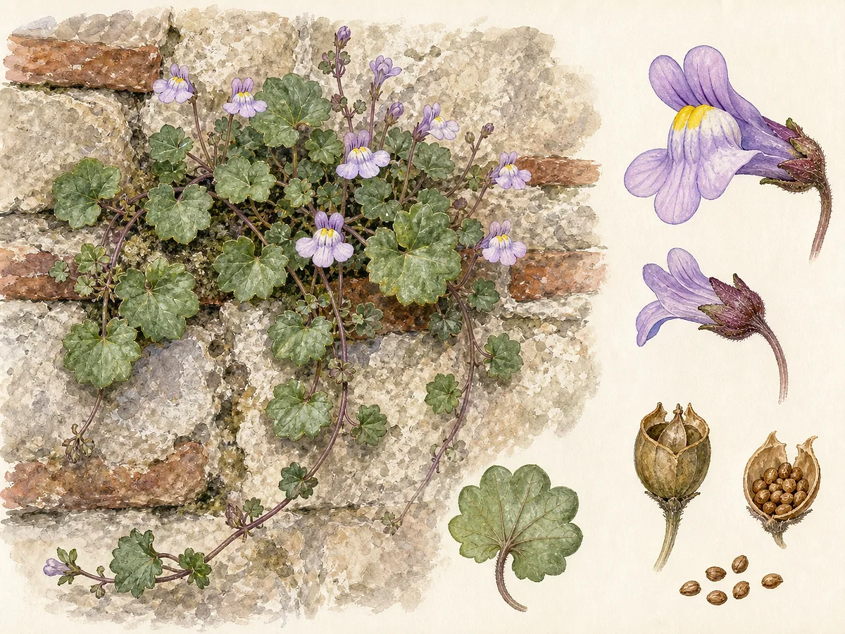 Prancha botânica de Cymbalaria muralis subsp. muralis com caules pendentes, folhas arredondadas lobadas, flores lilases bilabiadas com palato amarelo e cápsula