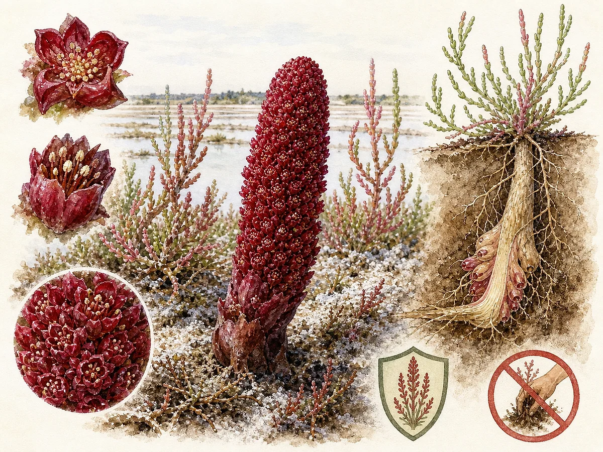 Prancha botânica de Cynomorium coccineum subsp. coccineum com espiga carnuda vermelho-escura sem folhas, flores minúsculas densas e ligação subterrânea esquemática a raiz de Suaeda