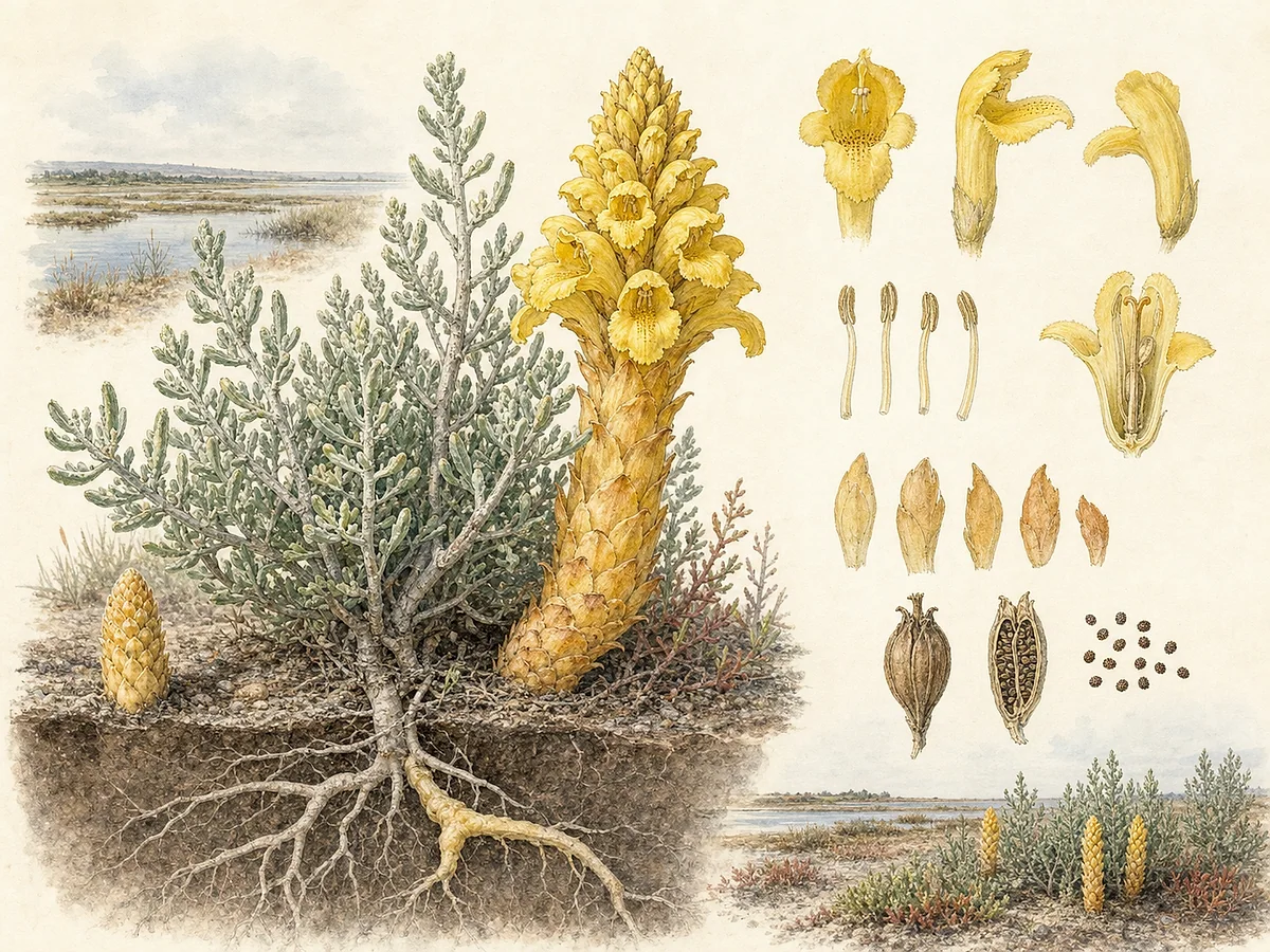 Prancha botânica de Cistanche phelypaea com haste carnuda amarela sem clorofila, espiga densa de flores amarelas, cápsulas e ligação subterrânea à raiz de Halimione