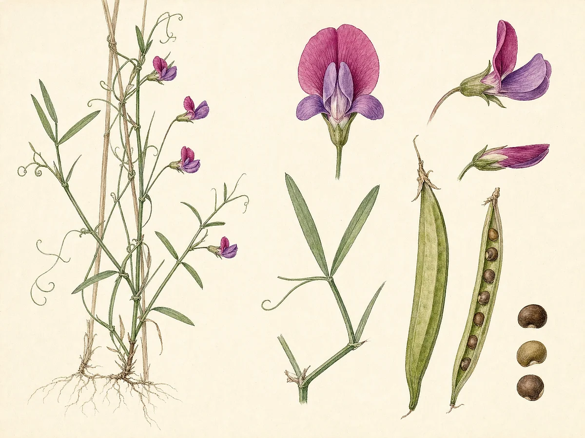 Prancha botânica documental de Lathyrus angulatus, trepadeira autóctone registada no arquipélago da Madeira