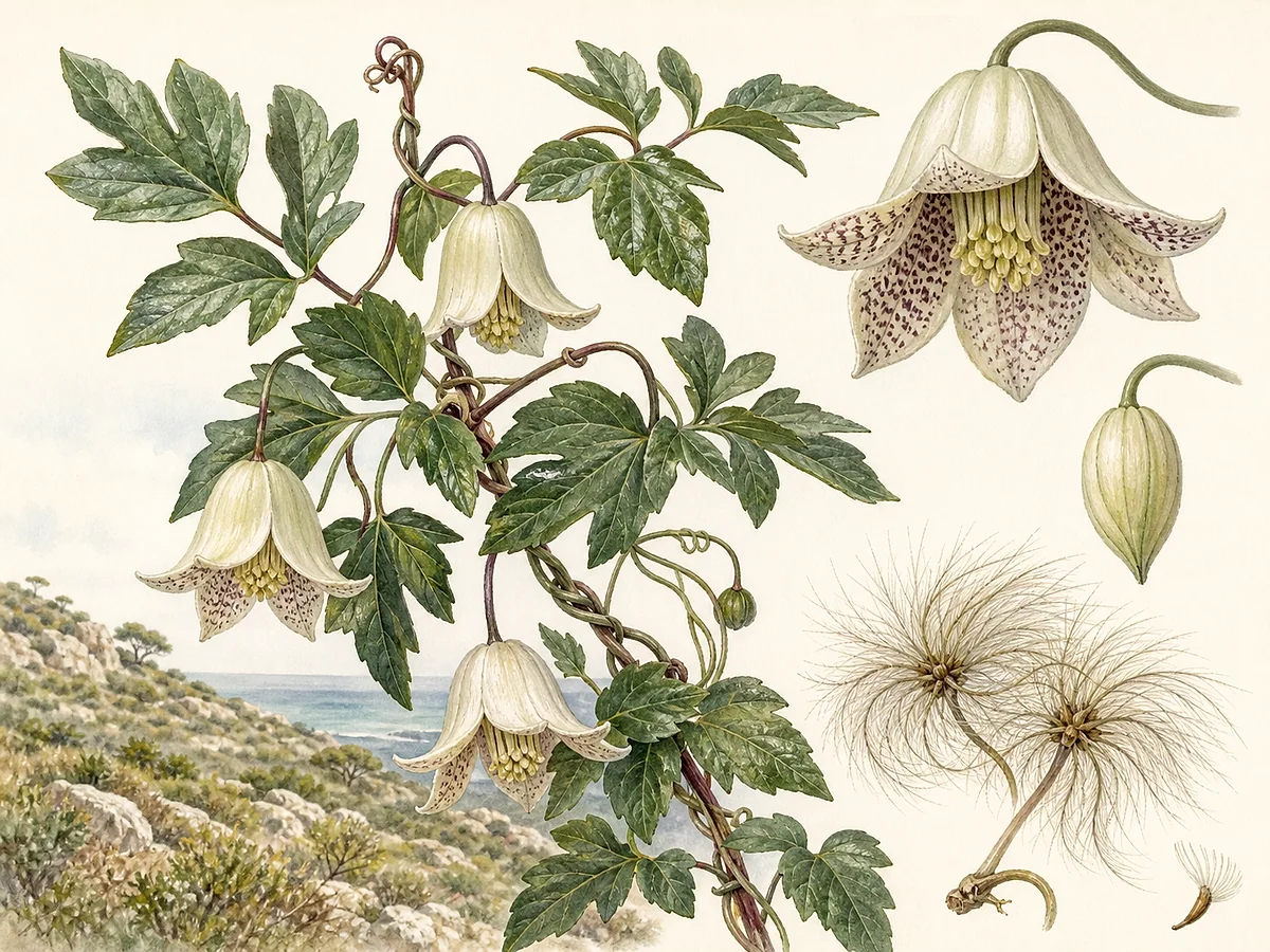 Prancha botânica de Clematis cirrhosa com liana perenifólia, folhas recortadas, gavinhas foliares, flores creme pendentes e aquénios plumosos