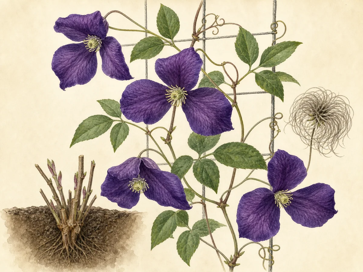 Ilustração botânica de clematite Jackmanii com pecíolos enrolados, folhas compostas, flores violetas de quatro sépalas e aquénios plumosos