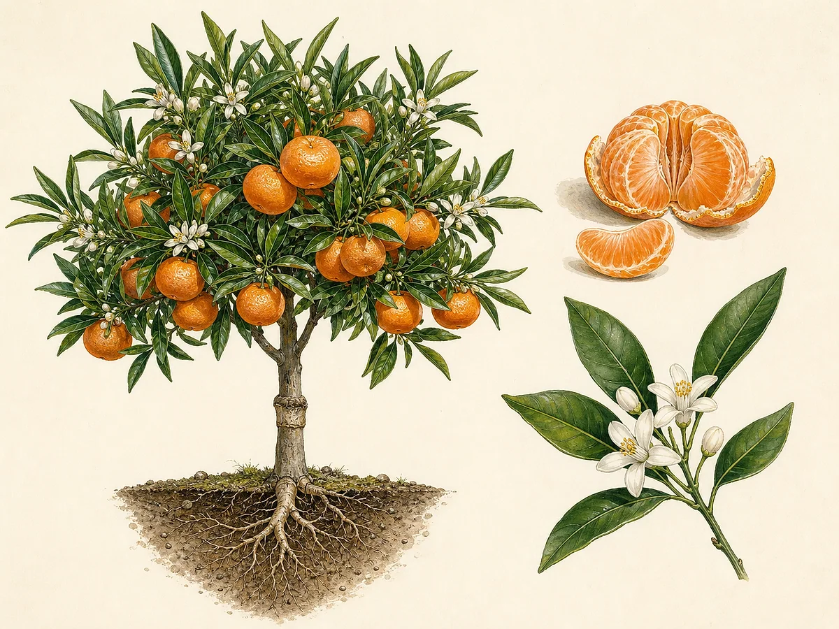 Ilustração botânica de clementineira enxertada com flores brancas, folhas lanceoladas e clementinas alaranjadas, uma aberta em segmentos