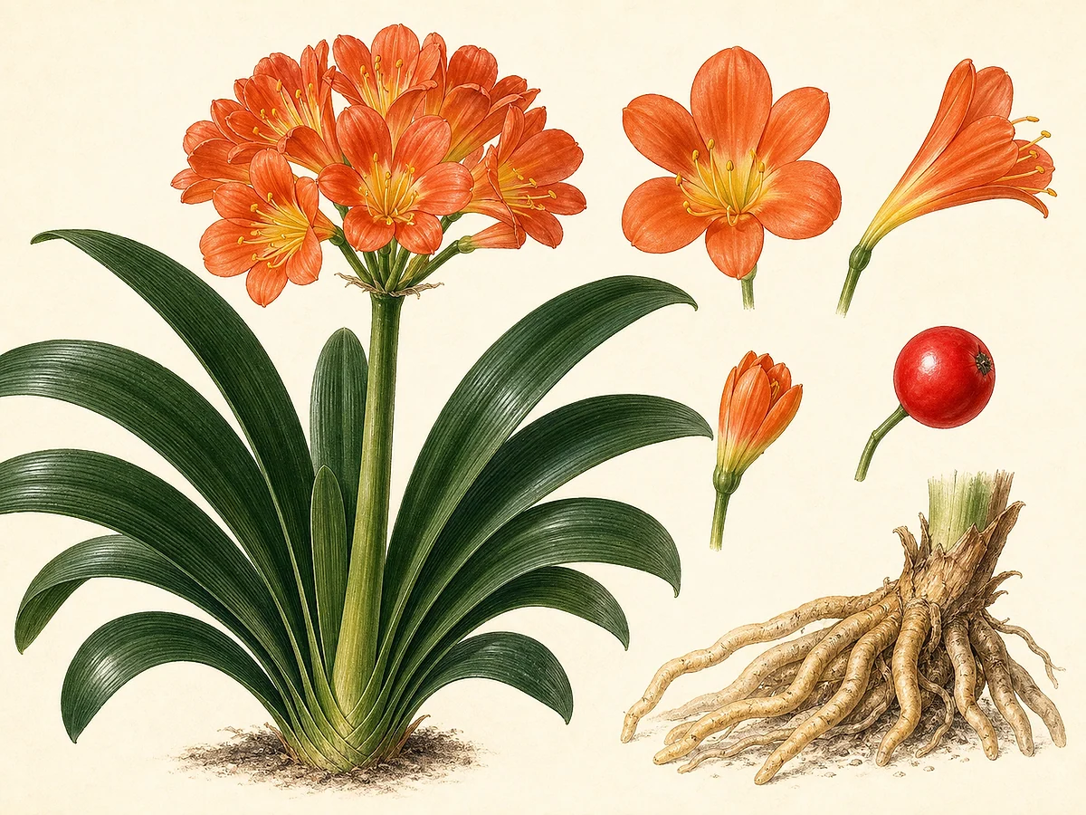 Prancha botânica de Clivia miniata com leque de folhas largas em fita, umbela de flores laranja em forma de trombeta, bagas vermelhas e raízes carnudas