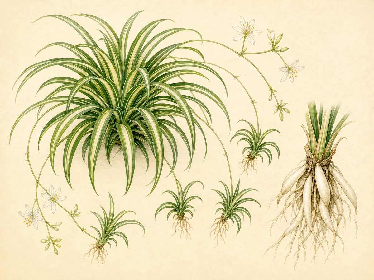 Ilustração botânica de um clorofito variegado com folhas arqueadas, flores brancas e plantas-filhas pendentes
