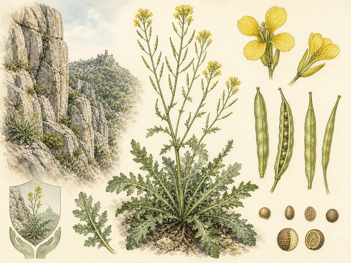 Prancha botânica de Coincya cintrana com roseta de folhas recortadas, caules ramificados, flores amarelas de quatro pétalas e síliquas alongadas