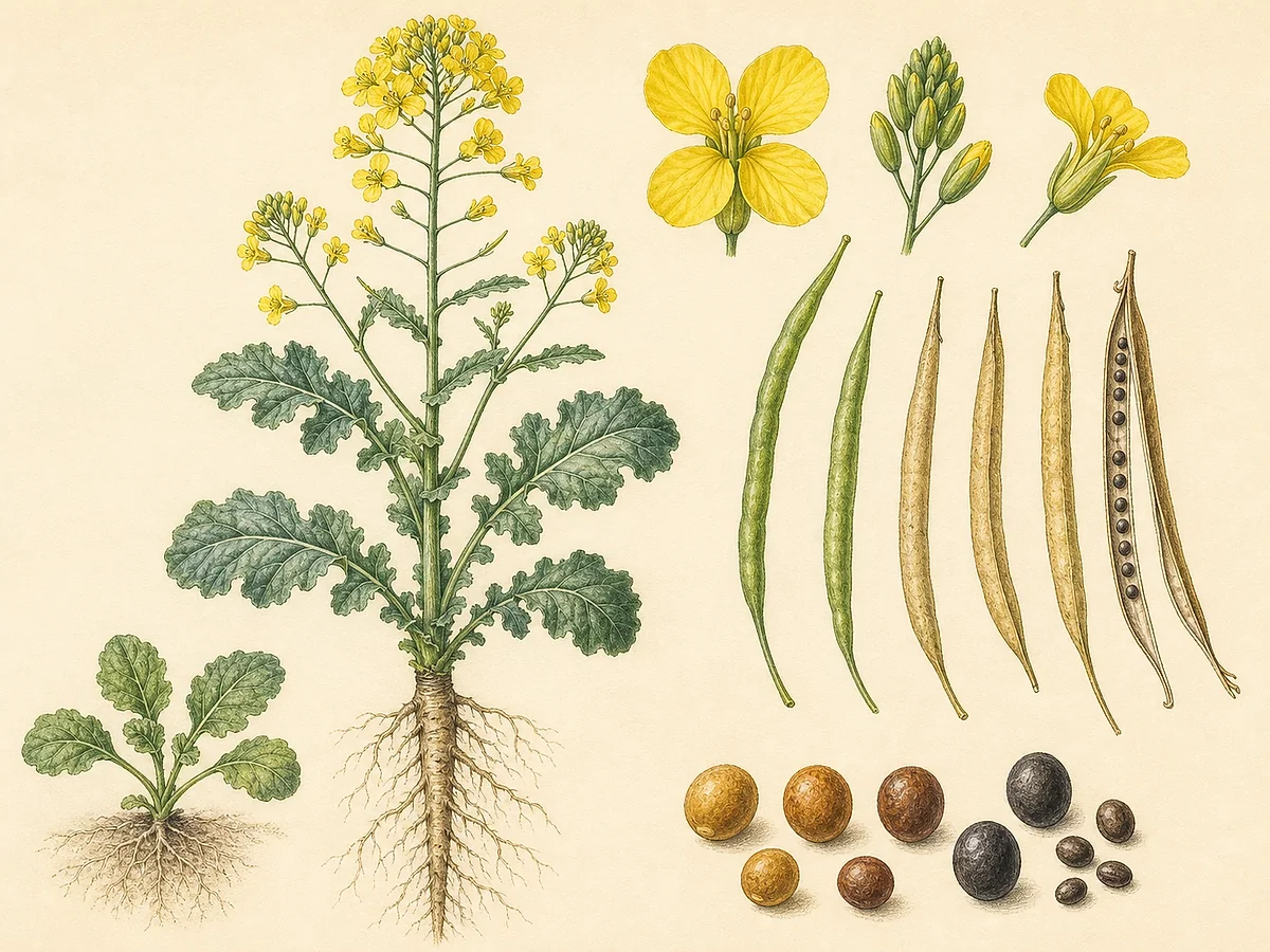 Ilustração botânica de colza com roseta, caule ramificado, flores amarelas, síliquas maduras e pequenas sementes negras oleaginosas