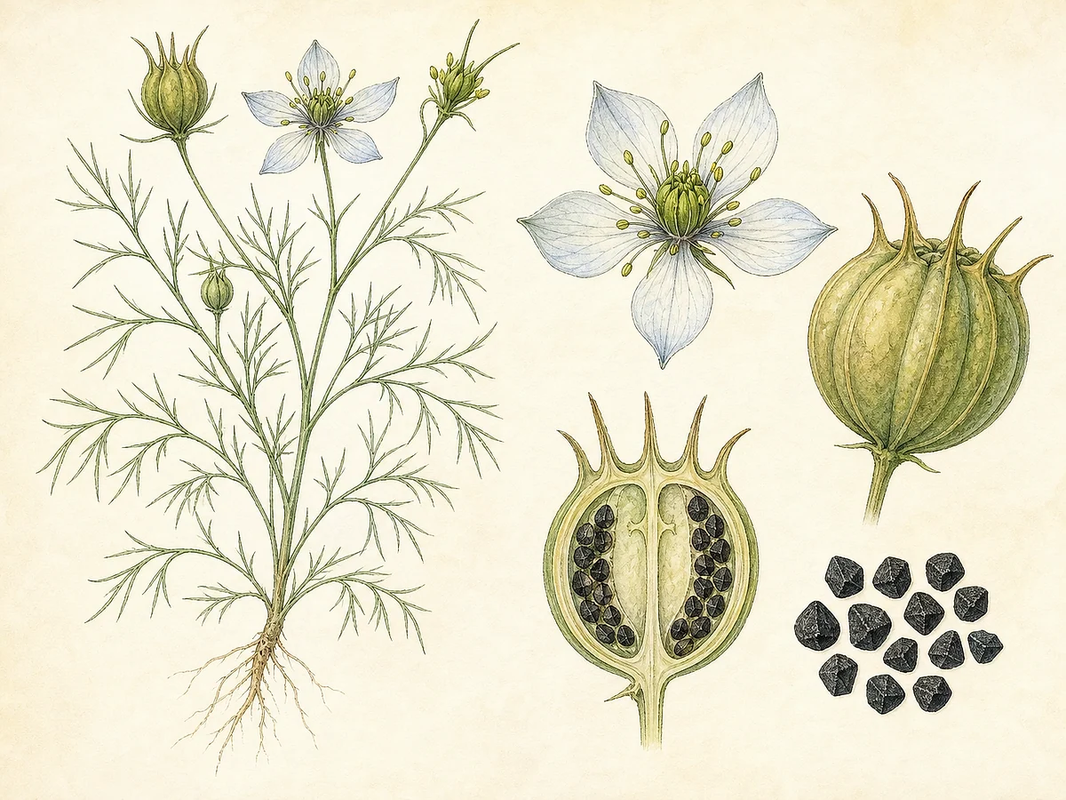 Prancha botânica de Nigella sativa com anual de folhas filiformes, flores azul-pálido sem colar de brácteas, cápsulas insufladas e pequenas sementes negras rugosas