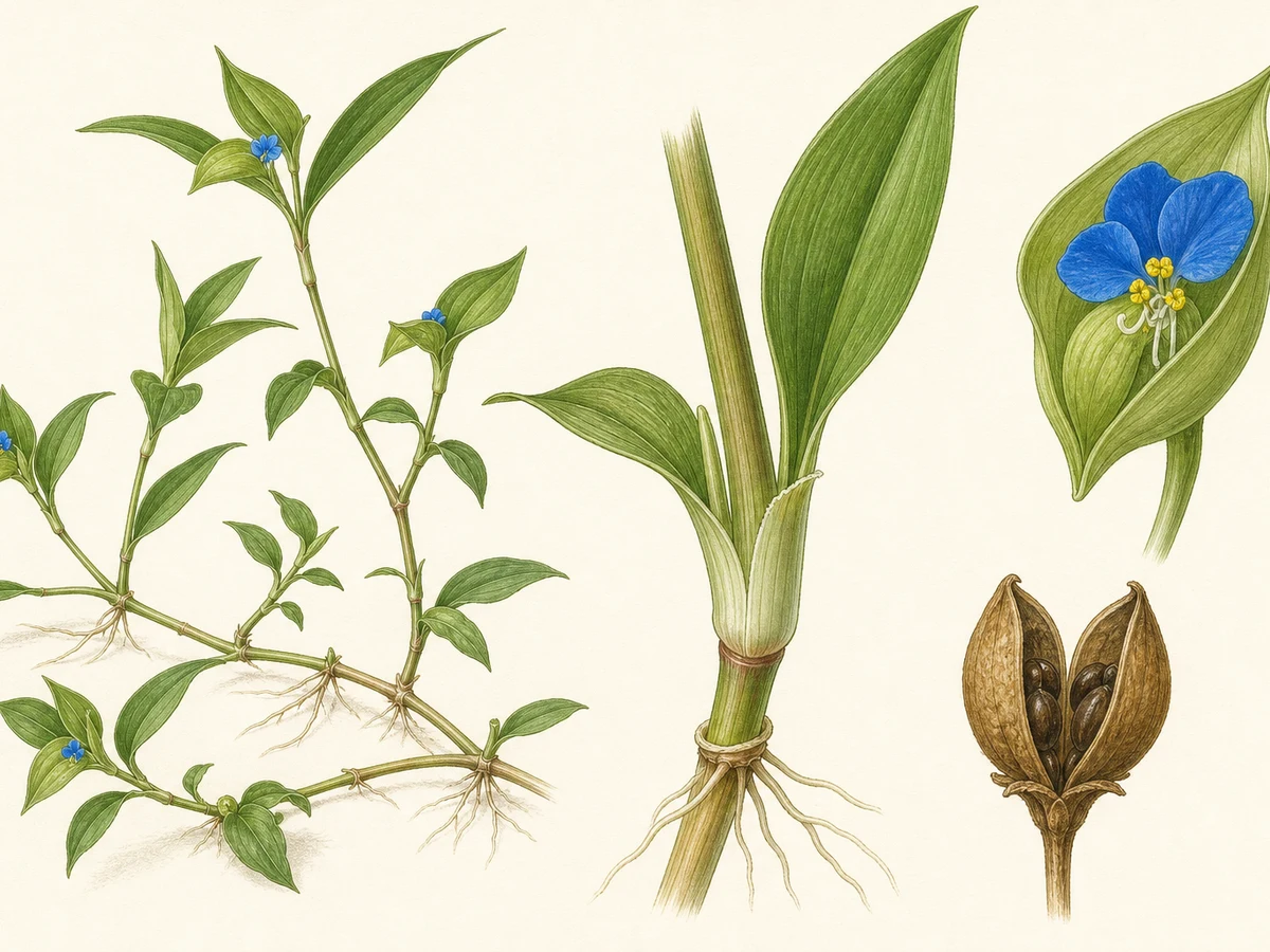 Prancha de Commelina diffusa com caules fracos a enraizar nos nós, folhas lanceoladas, flor azul na espata e cápsula