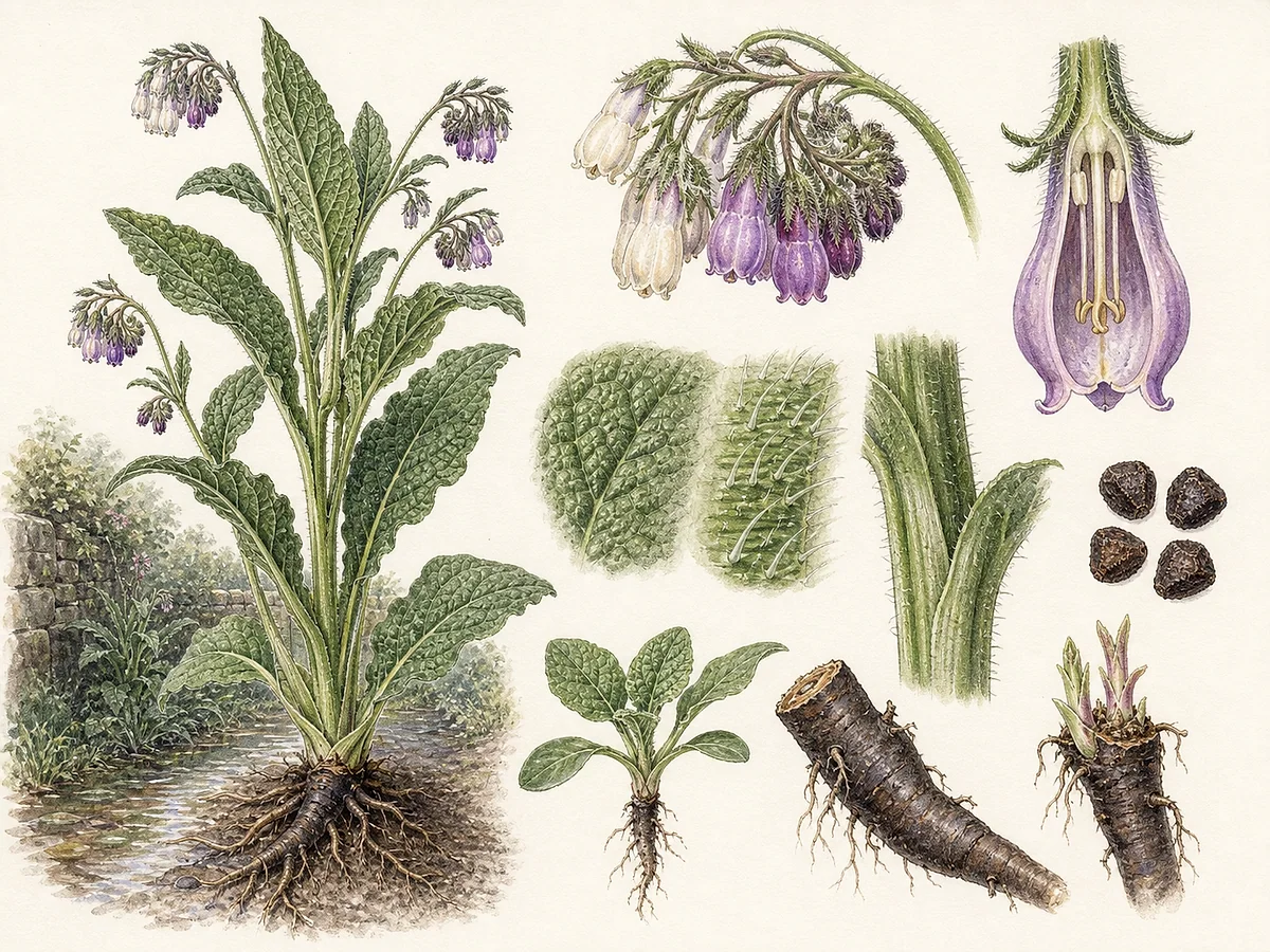Prancha botânica de Symphytum officinale com folhas grandes ásperas e decorrentes, flores tubulares roxas pendentes, núculas e raiz negra carnuda