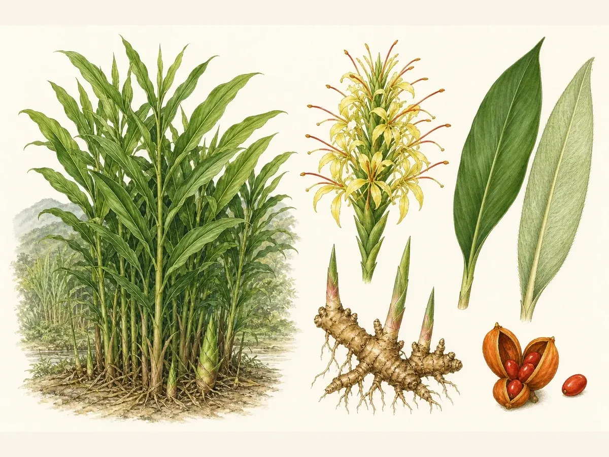 Prancha botânica de Hedychium gardnerianum com mancha densa, folhas lanceoladas, espiga amarela de estames vermelhos, rizoma e cápsula com sementes vermelhas