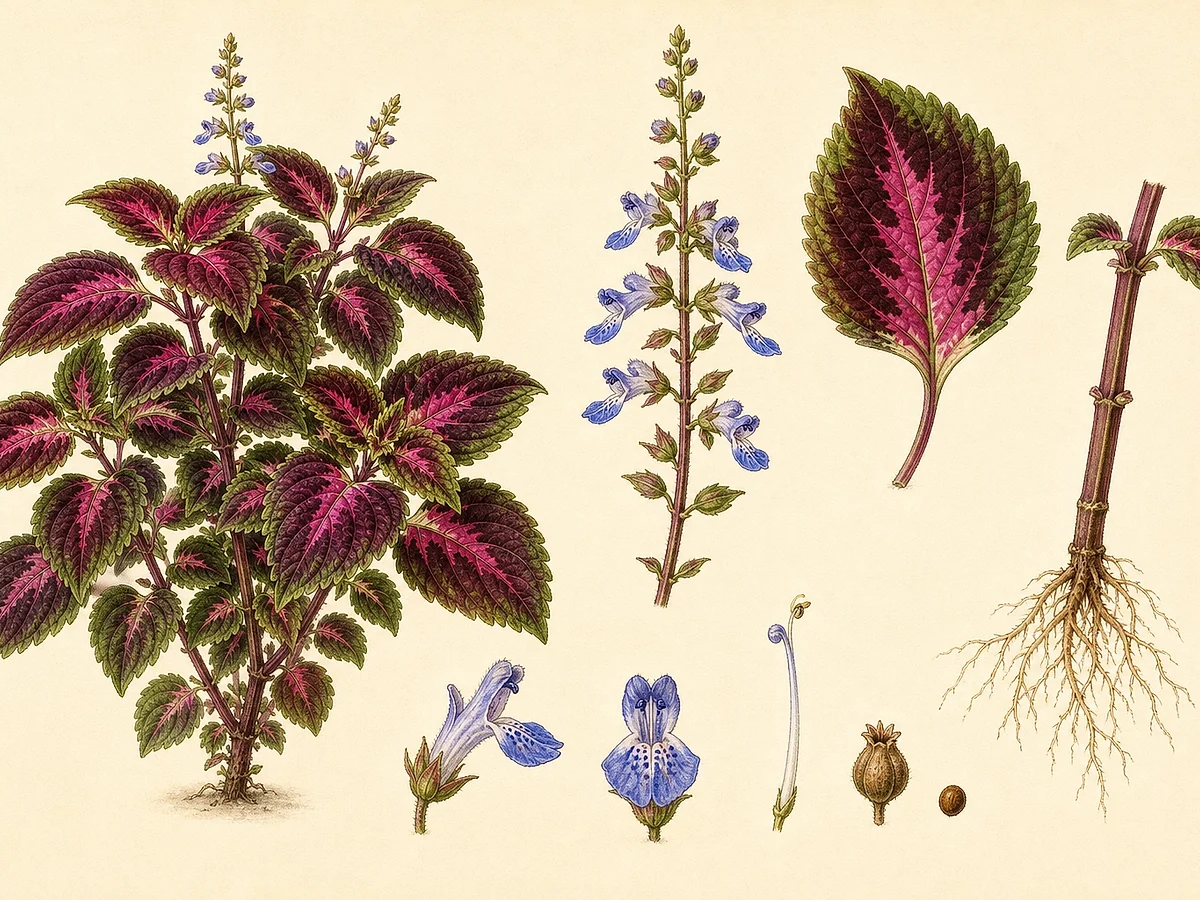 Prancha botânica de Coleus scutellarioides com planta ramificada, folhas serradas variegadas verdes vermelhas e púrpuras, espiga azulada e raízes