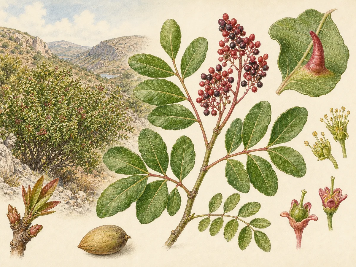 Prancha botânica de Pistacia terebinthus com arbusto caducifólio, folhas imparipinadas, cachos de pequenas flores e drupas vermelhas e negras