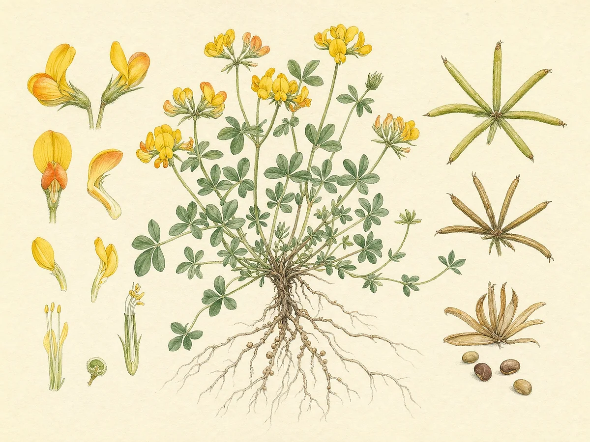 Ilustração botânica de cornichão com folhas de cinco folíolos aparentes, flores amarelas, vagens radiantes em pé de ave e raízes noduladas