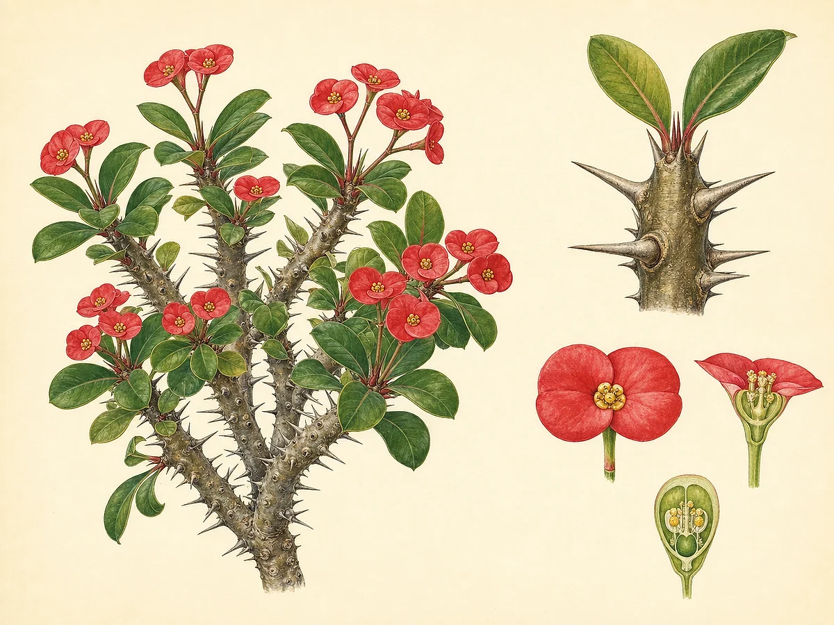 Prancha botânica de Euphorbia milii com ramos espinhosos, folhas coriáceas, ciátios amarelos e brácteas vermelhas