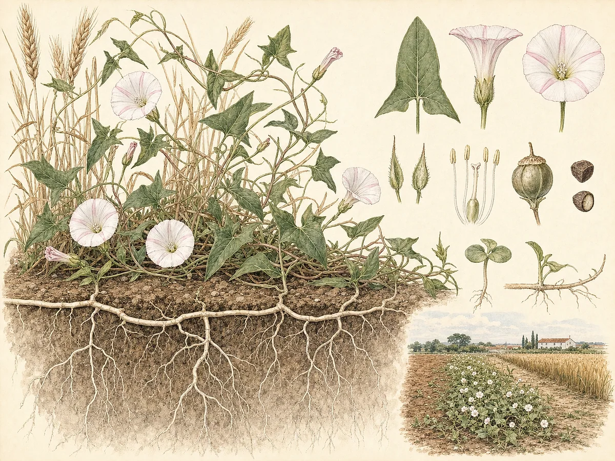 Prancha botânica de Convolvulus arvensis com folhas sagitadas, pequenas flores em funil brancas e rosadas e sistema profundo de raízes rastejantes