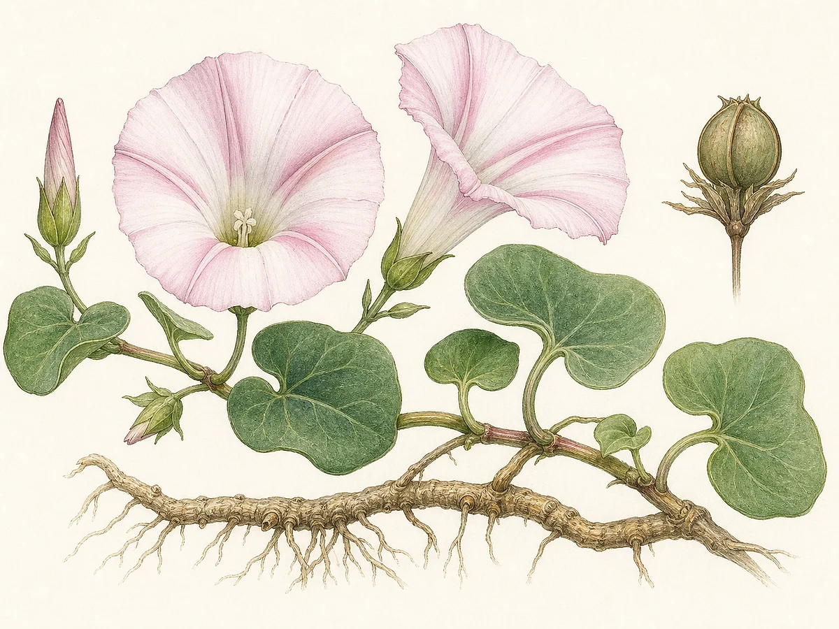 Prancha botânica documental de Calystegia soldanella, trepadeira autóctone registada no arquipélago da Madeira
