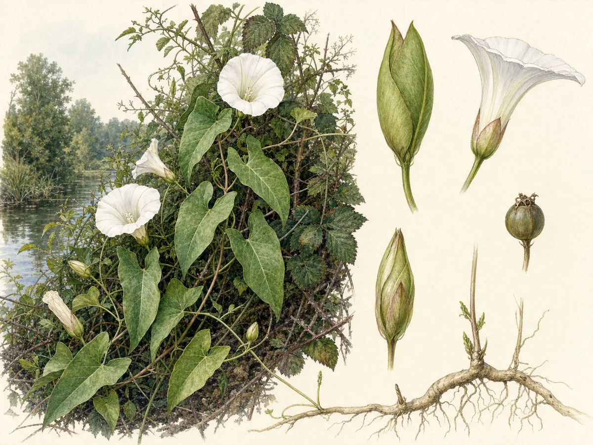 Prancha botânica de Calystegia sepium subsp. sepium com caule volúvel, folhas sagitadas, flor branca em funil, duas bractéolas grandes envolvendo o cálice e rizoma branco