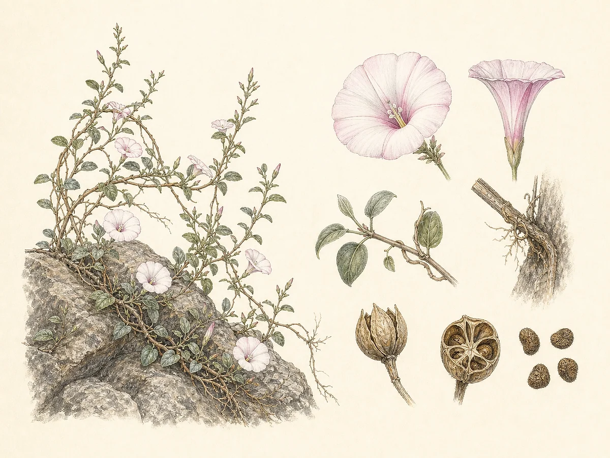 Prancha botânica documental de Convolvulus massonii, trepadeira endémica da Madeira registada no arquipélago da Madeira