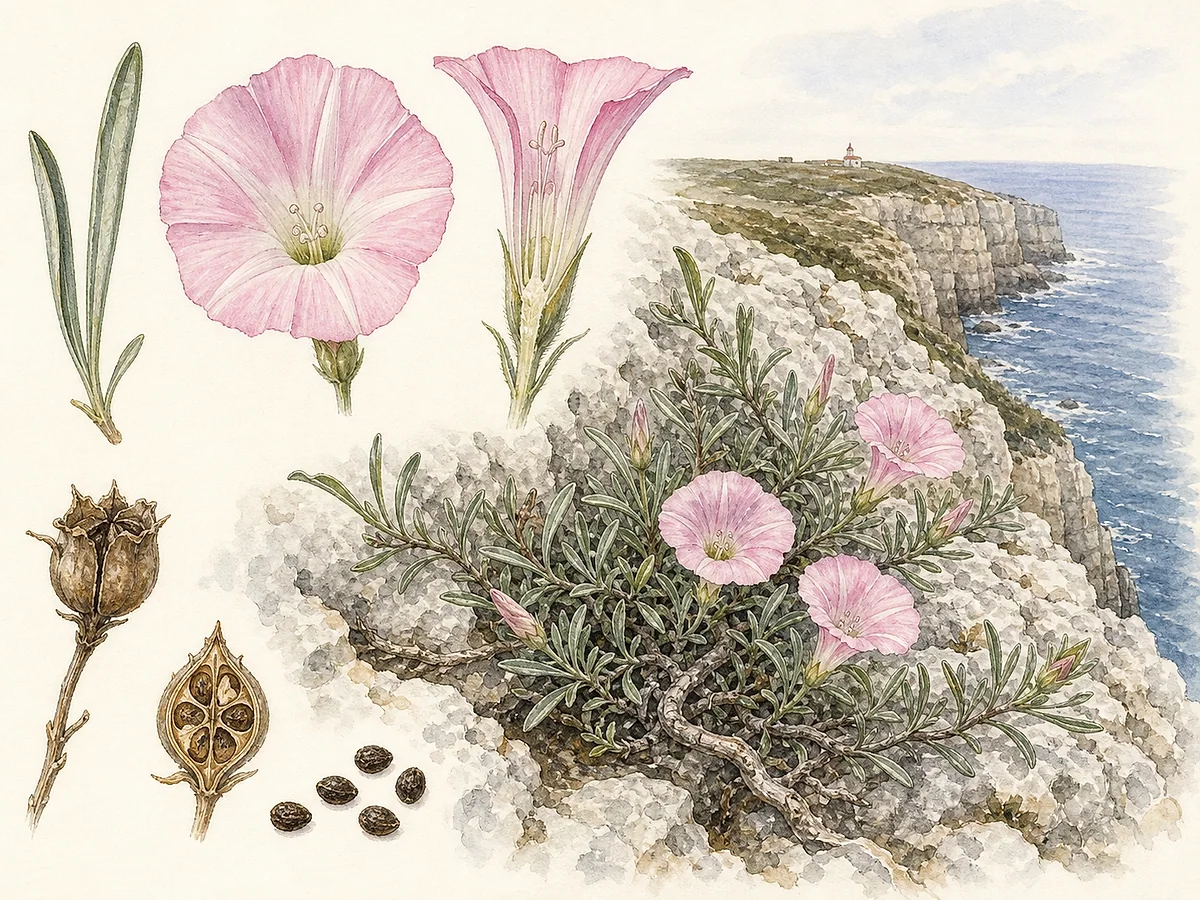 Prancha botânica de Convolvulus fernandesii com subarbusto rasteiro de arriba, folhas estreitas cinzento-verdes, flores rosadas em funil e cápsulas