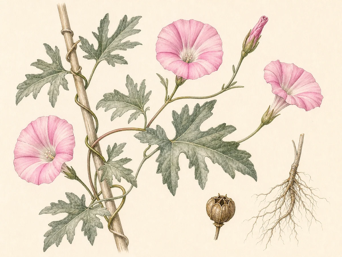 Prancha botânica documental de Convolvulus althaeoides, trepadeira introduzida registada no arquipélago da Madeira